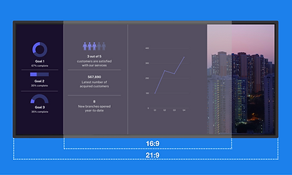 CommBox Horizon 105 Inch 21:9 Ultra Wide Interactive Display | CBIH105 7 CommBox Horizon 105 Inch — 21:9 ultra-wide vs 16:9 screen size comparison